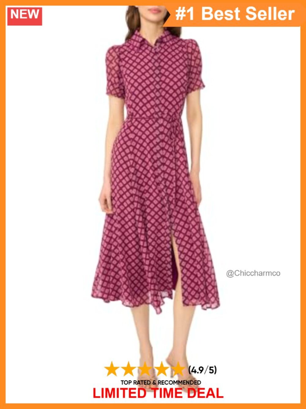 Scallop Trim Midi Dress Tie Waist Polka Dot Cap Sleeve Fit Flare Casual